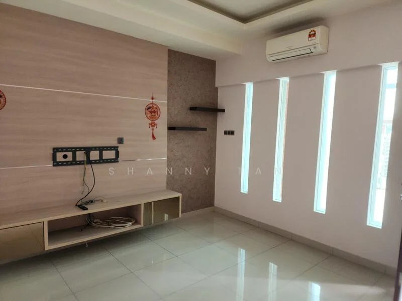 Living features: light grey painted walls, accent wall with textured wallpaper, glossy white tile flooring, recessed ceiling with LED lighting, wall-mounted TV console, built-in shelves, floor-to-ceiling windows, 1 wall-mounted split AC; style: modern.