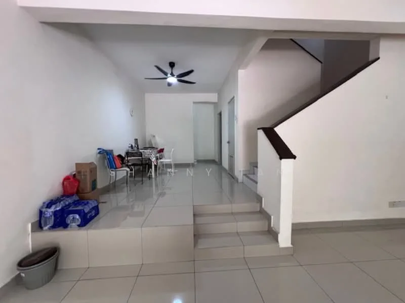 Living features: white painted walls, glossy ceramic tile flooring, 5-blade ceiling fan with light, staircase with wooden railing, dining table with chairs, boxes stacked on the floor, open layout, natural light from windows; style: modern.