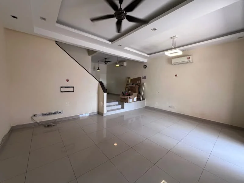 Living features: white painted walls, polished ceramic tile flooring, tray ceiling, 5-blade ceiling fan with light, recessed downlights, wall-mounted split AC, staircase leading to upper floor, open layout, natural light from windows, no visible furniture; style: modern.