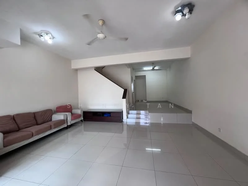 Living features: white painted walls, glossy ceramic tile flooring, 5-blade ceiling fan, recessed downlights, sofa in beige, wooden TV console, staircase leading to upper floor, open layout, large windows for natural light; style: modern.