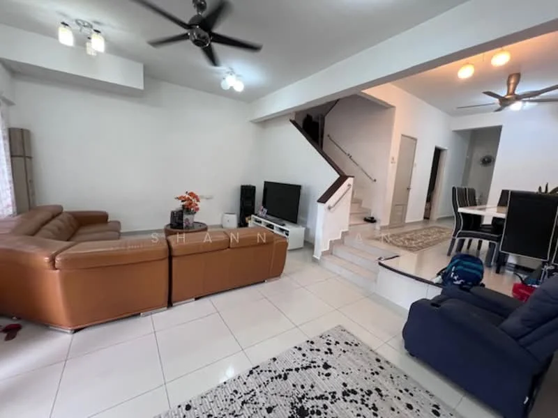 Living features: 3-seater leather sofa in brown, 2-seater fabric sofa in navy blue, coffee table, TV console, wall-mounted TV, area rug with geometric pattern, ceiling fan with light, recessed downlights, white painted walls, tile flooring, large windows with sheer curtains; style: modern. Dining features: 6-seater dining table, upholstered dining chairs, pendant lighting, white painted walls, tile flooring; style: modern.