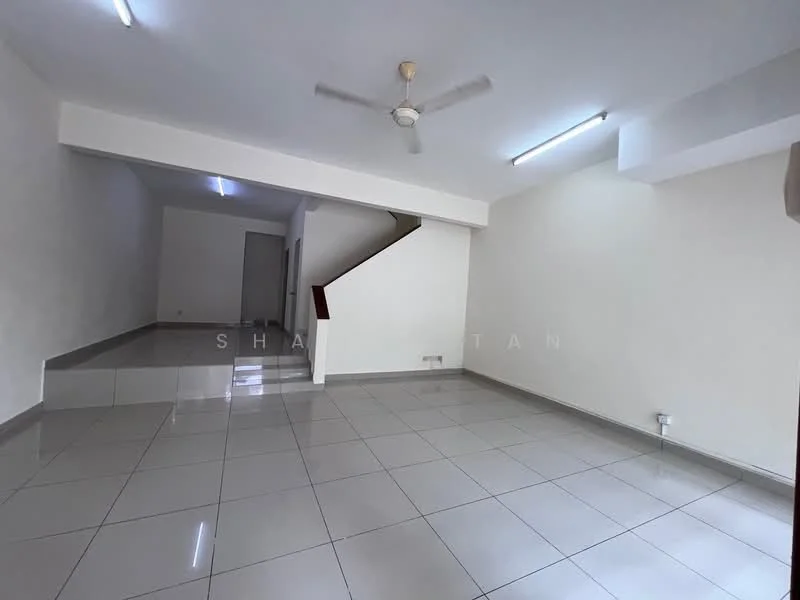 Living features: white painted walls, glossy ceramic tile flooring, ceiling fan, recessed LED downlights, staircase leading to upper floor, large open space, no visible furniture, neutral color scheme; style: modern.