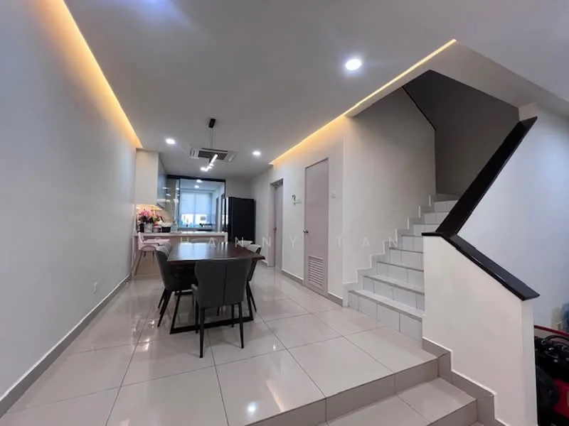 Dining features: white painted walls, recessed LED downlights, tile flooring, dining table with 6 chairs, air conditioning unit, staircase leading to upper floor, open layout, decorative wall feature; style: modern. Room features: white painted walls, tile flooring, recessed LED downlights.
