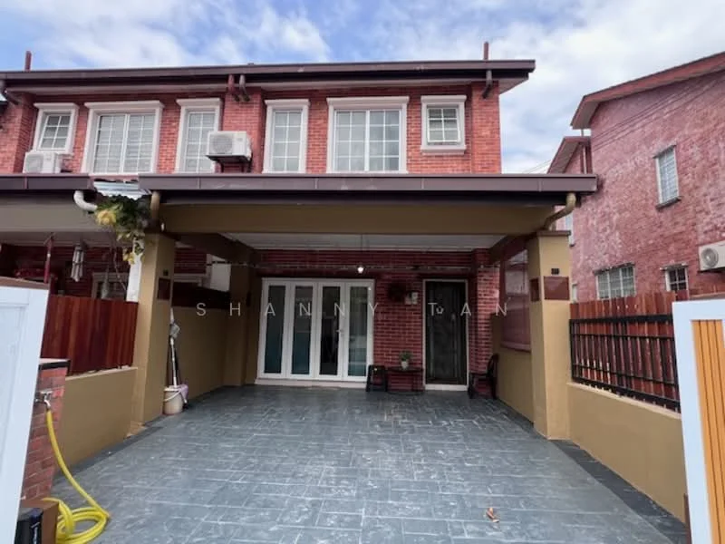 Exterior type: linked terrace house; features: red brick facade, covered car porch, slate tile flooring, air conditioning units visible, glass sliding doors, fenced yard, manicured landscaping, front entrance door, outdoor lighting; style: modern.