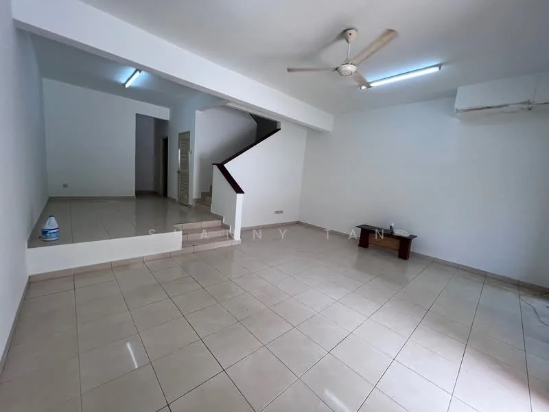 Living features: white painted walls, glossy ceramic tile flooring, ceiling fan with light, wall-mounted air conditioning unit, large open space, staircase leading to upper floor, natural light from windows, minimalist decor; style: modern.