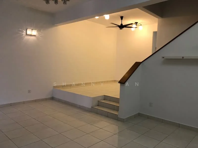 Room features: white painted walls, tile flooring, 5-blade ceiling fan with light, recessed downlights, staircase with wooden handrail, step-up platform, light fixture on wall, open space layout; style: modern.