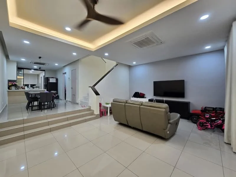 Living features: cream painted walls, white ceiling with recessed lighting, 5-blade ceiling fan with light, large wall-mounted TV, grey tiled flooring, sofa in light grey leather, coffee table, decorative items on shelves, air conditioning unit, open layout to dining area, staircase with modern railing, children's toys in corner; style: modern. Dining features: dining table with black chairs, open layout to living area, kitchen visible in background; style: modern.
