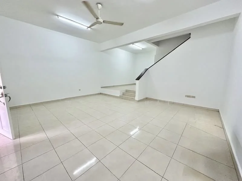 Living features: white painted walls, ceramic tile flooring, 5-blade ceiling fan, staircase leading to upper level, recessed lighting, large open space, neutral color scheme, no visible furniture; style: modern.