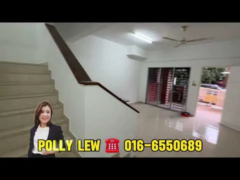 Room features: staircase with wooden handrail, white painted walls, glossy tiled flooring, ceiling fan, large windows, door leading to outdoor area, recessed lighting, open layout; style: modern; view: garden.