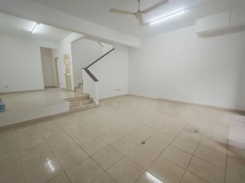 Room features: white painted walls, cream tiled flooring, ceiling fan, staircase, air conditioning unit, natural light from windows, open layout, neutral color scheme; style: modern.