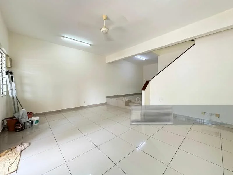 Living features: white painted walls, glossy ceramic tile flooring, ceiling fan, recessed ceiling lights, staircase leading to upper floor, large windows for natural light, open layout, neutral color scheme; style: modern.