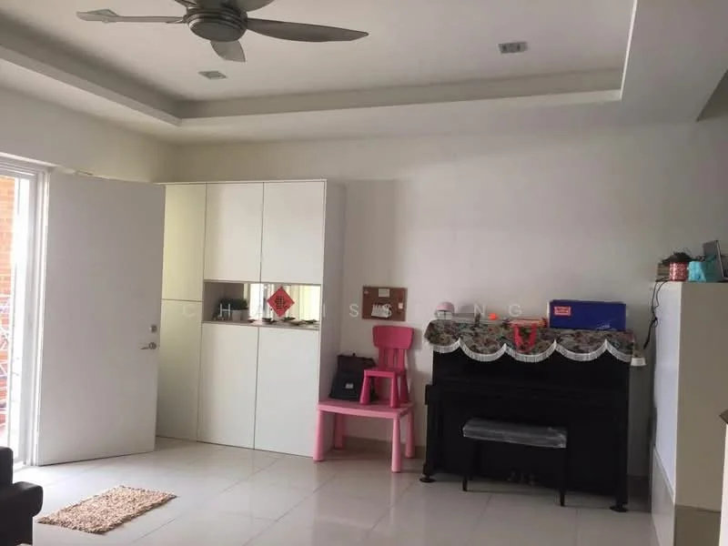Living features: white painted walls, tray ceiling, recessed downlights, large sliding glass door, floor-to-ceiling windows, white cabinetry, pink chair, black piano, cream tile flooring, area rug, decorative items on shelves; style: modern.