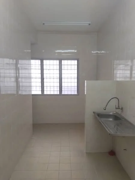 Laundry features: white tiled walls, cream tiled flooring, single-bowl stainless-steel sink, chrome pull-down faucet, window with grid pattern, fluorescent ceiling light; style: modern.