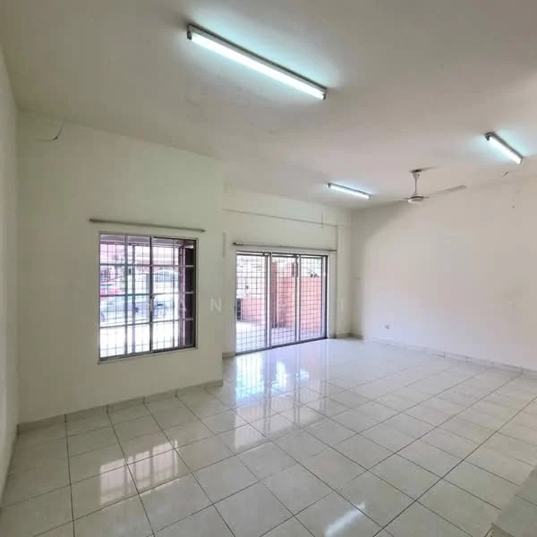 Living features: white painted walls, glossy ceramic tile flooring, ceiling fan, sliding glass door, floor-to-ceiling windows, natural light from windows, neutral color scheme, no visible furniture; style: minimalist.