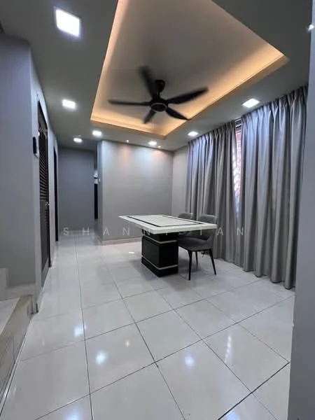 Dining features: white painted walls, recessed ceiling with LED lighting, 5-blade ceiling fan with light, large dining table with black base, 4 dining chairs, floor-to-ceiling curtains, glossy white tile flooring, wall-mounted light fixtures; style: modern.