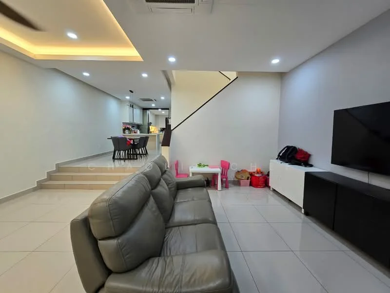 Living features: grey leather 3-seater sofa, white walls, recessed downlights, tray ceiling with warm LED lighting, large flat-screen TV on wall, white TV console, ceramic tile flooring, open layout to dining area, air conditioning unit, decorative items on console; style: modern. Dining features: dining table with 6 chairs, open layout to living area, ceramic tile flooring; style: modern.