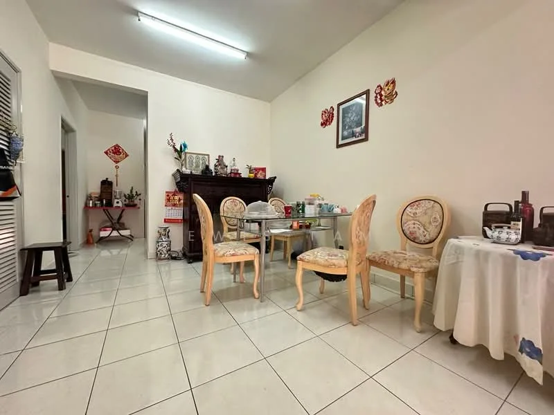 Dining features: white painted walls, ceramic tile flooring, dining table with tablecloth, 4 upholstered dining chairs, wooden sideboard, decorative wall art, shelves with decorative items, stool, window with no visible treatment, light fixture on ceiling; style: traditional.