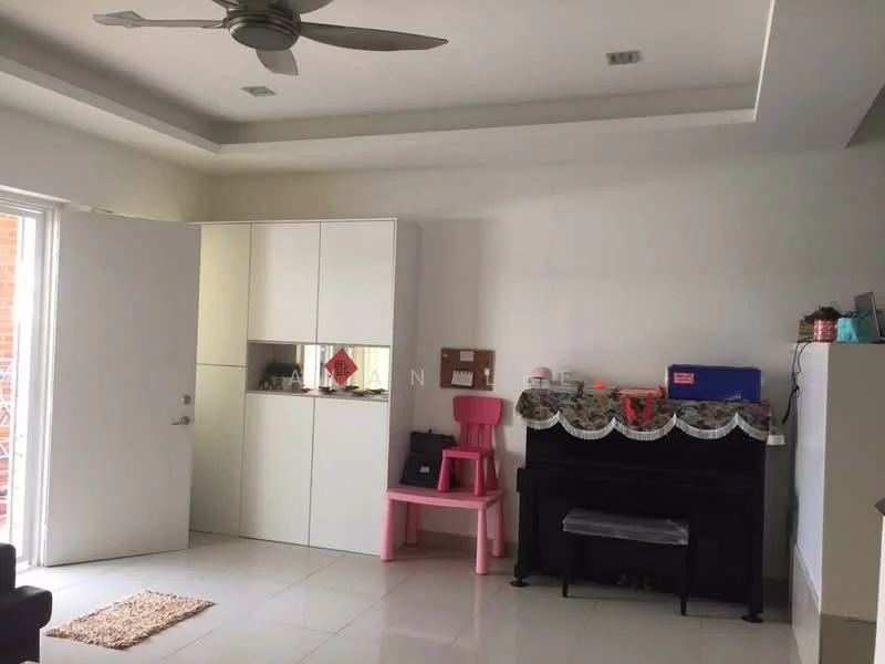 Room features: white painted walls, tray ceiling, recessed downlights, ceramic tile flooring, ceiling fan, built-in cabinetry, piano, pink chair, decorative tablecloth, door to balcony; style: modern.
