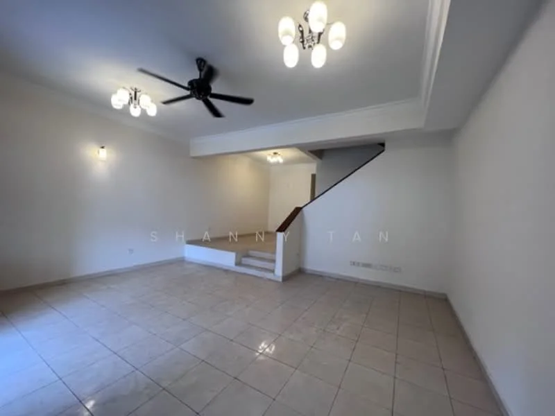Living features: cream painted walls, tile flooring, 5-blade ceiling fan with light, 3 pendant lights, staircase with wooden handrail, recessed lighting, open space layout, no visible furniture; style: modern.
