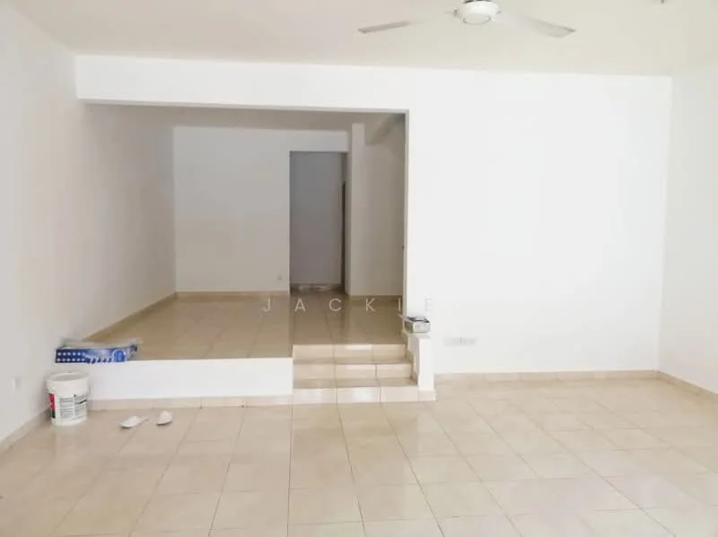 Room features: white painted walls, cream tiled flooring, ceiling fan, step-up area, open layout, natural light from doorway, no visible furniture, neutral color scheme; style: minimalist.