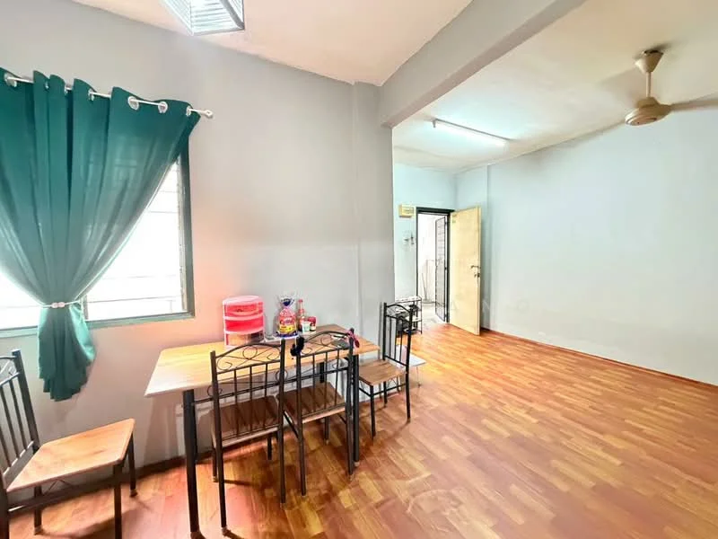 Dining features: wooden dining table, 4 metal dining chairs, green curtains, laminate flooring, ceiling fan, window with grid, light grey painted walls, open layout to living area; style: modern. Room features: light grey painted walls, laminate flooring, ceiling fan, open layout.