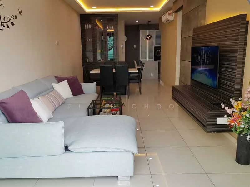 Living features: light grey fabric L-shape sectional sofa, white coffee table, wall-mounted TV, wooden TV console, decorative wall with stone cladding, recessed LED downlights, cream painted walls, large floor tiles, air-conditioning unit, decorative flower arrangement; style: modern. Dining features: 4-seater dining table, black dining chairs, open layout to kitchen, wall-mounted cabinetry, glass display cabinet; style: modern.