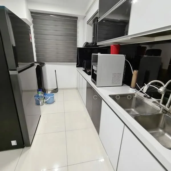 Kitchen features: white cabinetry, black countertops, double-bowl stainless-steel sink, chrome pull-down faucet, built-in microwave, stainless-steel fridge, ceramic tile flooring, roller blinds on window, kettle, toaster, coffee machine, open shelving, wall-mounted cabinets; style: modern.
