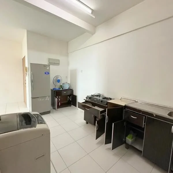 Kitchen features: white tiled flooring, white painted walls, ceiling lights, stainless-steel fridge, washing machine, dark wood cabinetry, countertop, sink, exhaust fan; style: modern.