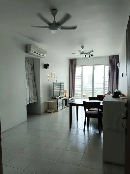 Living features: white painted walls, tile flooring, 2 ceiling fans, floor-to-ceiling windows, curtains, TV console, wall-mounted TV, dining table, 4 dining chairs, decorative wall art, shelving unit, light fixtures; style: modern; view: city. Room features: air conditioning unit, doorway leading to another room.