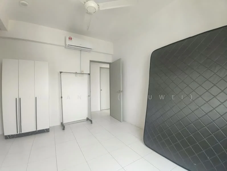 Room features: white painted walls, white tiled flooring, ceiling fan, 1 wall-mounted split AC, built-in wardrobe with sliding doors, clothes rack, grey mattress on the floor, door leading to another room.
