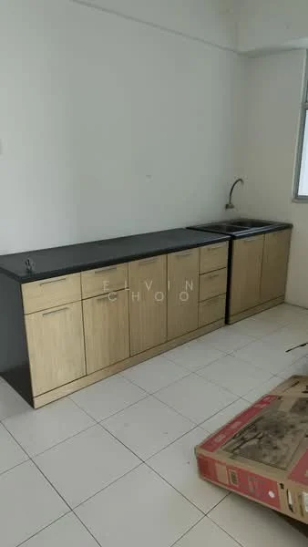 Kitchen features: wood cabinetry, black countertop, double-bowl stainless-steel sink, chrome pull-down faucet, white tiled flooring, wall-mounted window, minimalist design; style: modern.