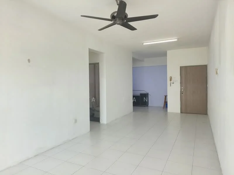 Room features: white painted walls, ceramic tile flooring, ceiling fan, door, light fixture, open layout, windows, neutral color scheme; style: minimalist.