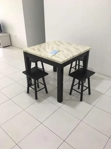 Dining features: square dining table with marble top, black wooden legs, two black wooden chairs, white tiled flooring, plain white walls, minimalist decor; style: modern.