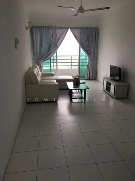 Living features: white painted walls, ceramic tile flooring, 5-blade ceiling fan, sofa in white fabric, coffee table, TV console, wall-mounted TV, floor-to-ceiling windows, sheer curtains, balcony view; style: modern; view: city.