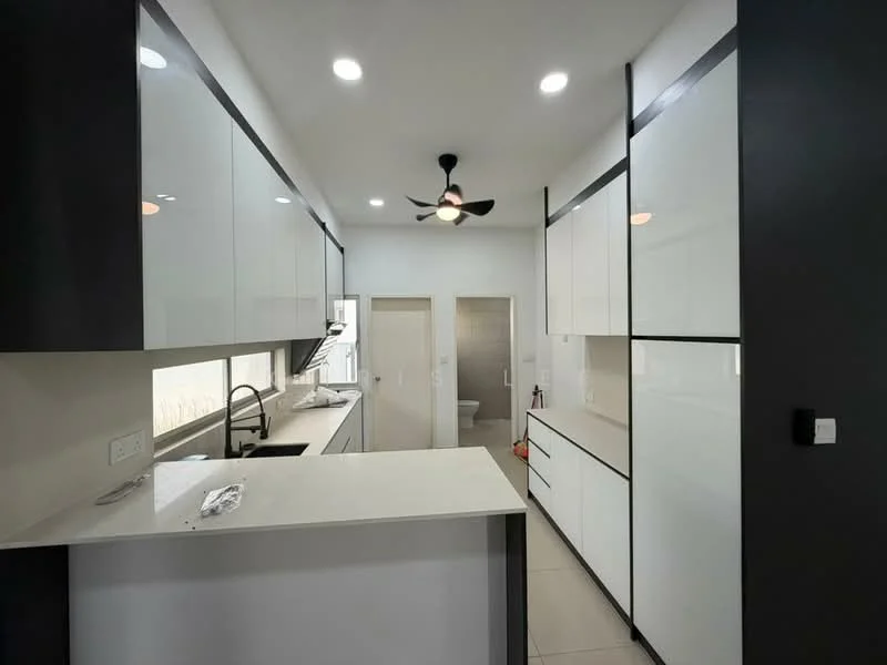 Kitchen features: white glossy cabinetry, black accent cabinetry, marble countertop, single-bowl stainless-steel sink, chrome pull-down faucet, built-in oven, recessed LED downlights, 5-blade ceiling fan, tile flooring, open shelving, kitchen island, wall-mounted cabinets, pantry space; style: modern.