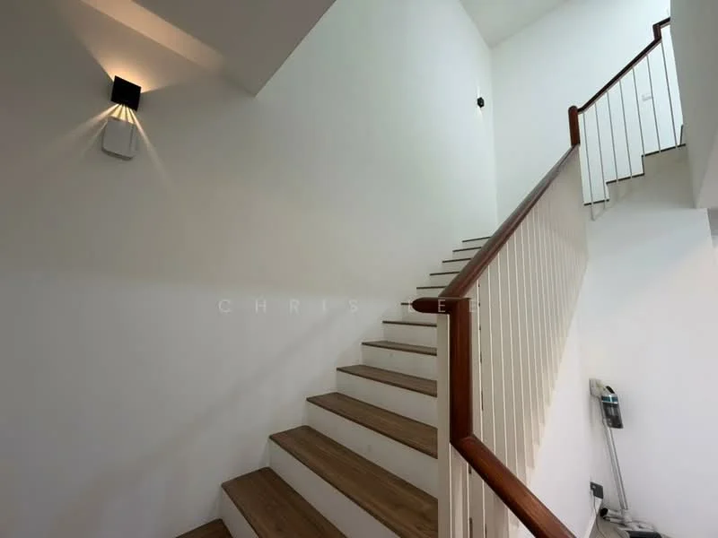 Room features: wooden staircase with handrail, white painted walls, recessed wall lighting, laminate flooring, landing area, staircase with open risers; style: modern.