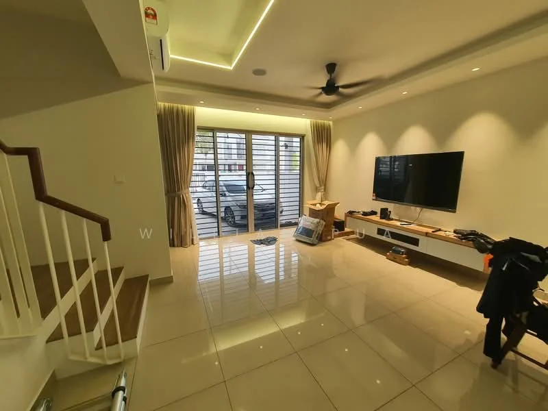 Living features: glossy tile flooring, white painted walls, recessed downlights, 5-blade ceiling fan with light, large sliding glass door, curtains, wall-mounted TV, TV console, decorative items on console, area rug, sofa, decorative pillows; style: modern.