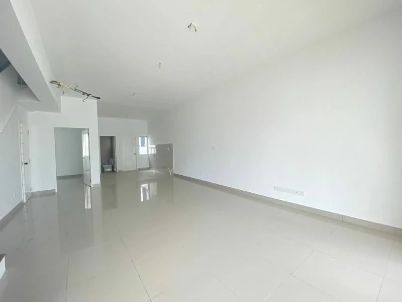 Room features: white painted walls, glossy ceramic tile flooring, recessed downlights, open layout, large windows for natural light, no visible furniture, neutral color scheme, high ceiling; style: modern.
