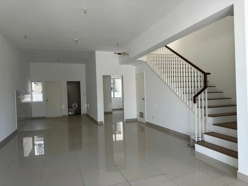 Living features: white painted walls, polished ceramic tile flooring, staircase with wooden steps, recessed downlights, large windows for natural light, mirror on wall, open layout, neutral color scheme; style: modern.