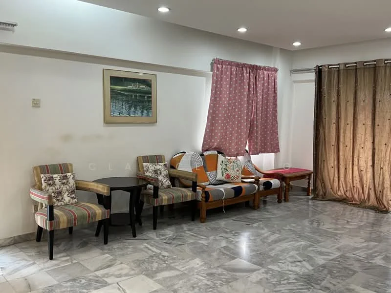 Living features: marble flooring, white painted walls, recessed downlights, sofa with colorful cushions, two armchairs with floral patterns, small round side table, curtains in beige and pink, large window with sheer curtains, decorative wall art, wooden coffee table; style: contemporary.