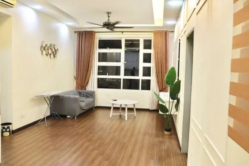 Living features: laminate flooring, white painted walls, 5-blade ceiling fan with light, floor-to-ceiling windows, curtains in beige, grey fabric sofa, round coffee table, decorative wall art, indoor plant in pot, wall-mounted air conditioning unit; style: modern.