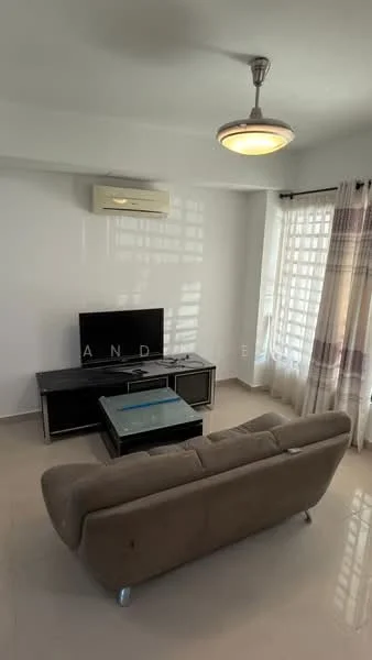 Living features: 3-seater fabric sofa in beige, coffee table with glass top, TV console, wall-mounted TV, floor-to-ceiling windows, sheer curtains, 1 wall-mounted split AC, recessed ceiling light, light-colored tiled flooring, white painted walls; style: modern.