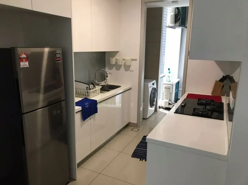 Kitchen features: stainless-steel fridge, single-bowl stainless-steel sink, chrome pull-down faucet, white cabinetry, white countertop, built-in gas hob, wall-mounted oven, ceramic tile flooring, recessed downlights, washing machine, window with natural light, dish drying rack, blue dish towel; style: modern.