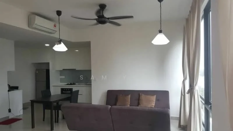 Living features: 3-seater fabric sofa in grey, 2 brown decorative cushions, ceiling fan with light, pendant light, floor-to-ceiling windows, light-coloured walls, tile flooring, curtains, air conditioning unit on wall; style: modern. Kitchen features: kitchen island, stainless-steel fridge, built-in oven, 4-burner gas hob, white cabinetry, grey countertop; style: modern.