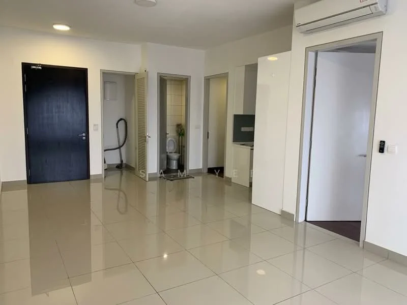 Room features: glossy tile flooring, white painted walls, recessed downlights, wall-mounted split AC, door leading to bathroom, door leading to utility area, door leading to hallway, door leading to main entrance; style: modern.