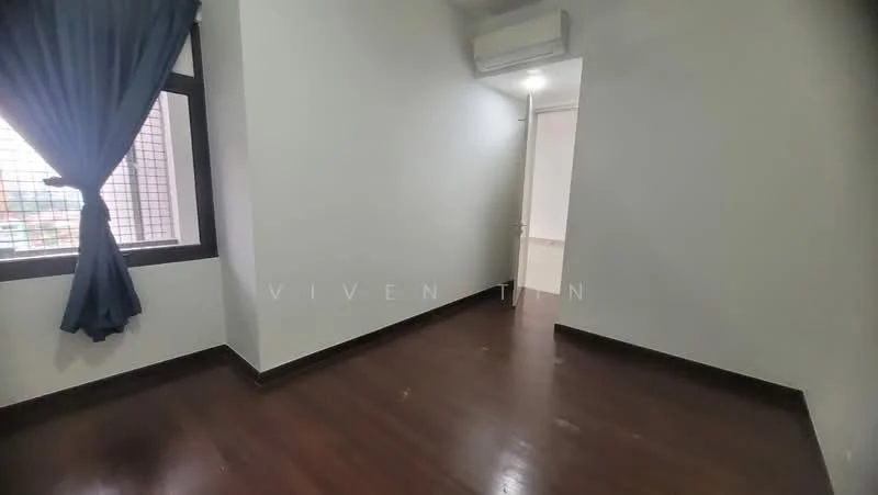 Room features: white painted walls, dark wood flooring, window with grid pattern, blue curtains, wall-mounted air conditioning unit, door leading to another room, ceiling light.