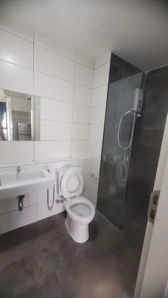 Bathroom features: white tiled walls, grey tile flooring, single-sink vanity with wall-mounted faucet, framed mirror, one-piece toilet, walk-in shower with glass enclosure, shower head, chrome shower mixer; style: modern.