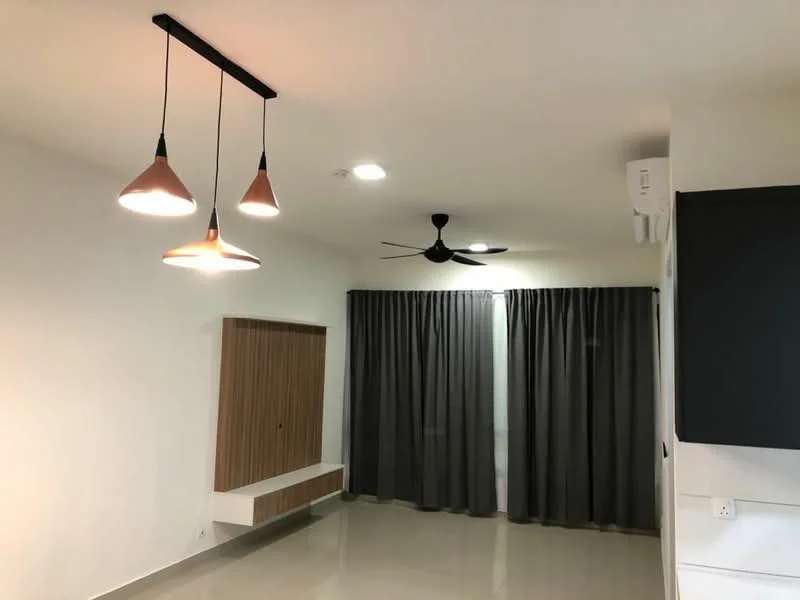 Living features: white painted walls, polished tile flooring, 5-blade ceiling fan, 3 pendant lights with copper shades, floor-to-ceiling windows with grey curtains, built-in wooden cabinet, wall-mounted TV console, air conditioning unit; style: modern.