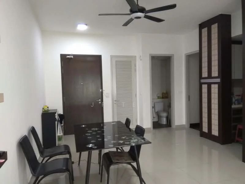 Dining features: black dining table with floral design, 4 black dining chairs, white painted walls, glossy tile flooring, ceiling fan with light, door leading to hallway, door leading to bathroom, built-in cabinets with wood finish; style: modern. Room features: white painted walls, glossy tile flooring, door leading to bathroom.