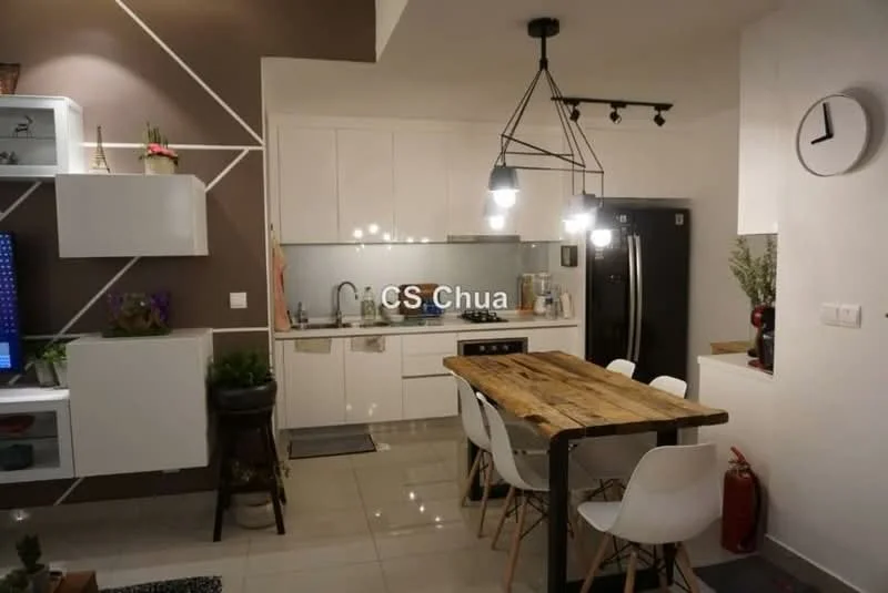 Kitchen features: white cabinetry, wooden dining table, white dining chairs, black refrigerator, stainless-steel sink, chrome pull-down faucet, white quartz countertop, ceramic tile flooring, recessed downlights, pendant lighting, wall-mounted TV, decorative plants; style: modern.